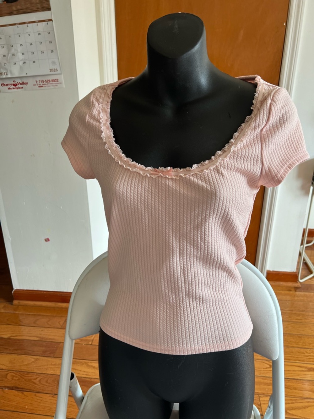 White Fox Boutique Ribbed Scoop Lace-Trim Crop Top - Light Pink